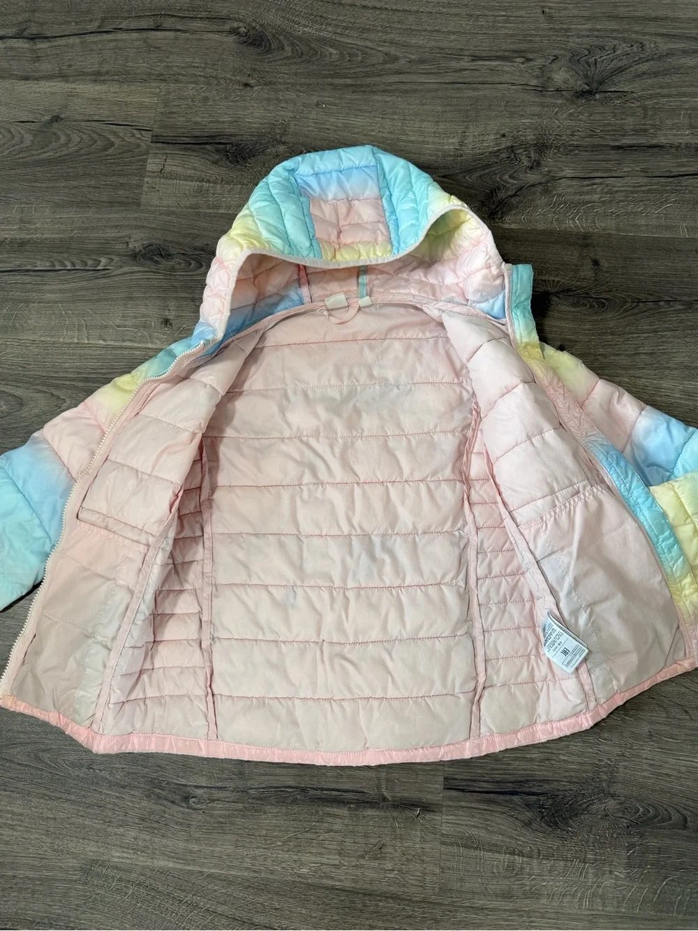 Gap Kids Hooded Puffer Jacket in Pastel Rainbow, Sz 10-11